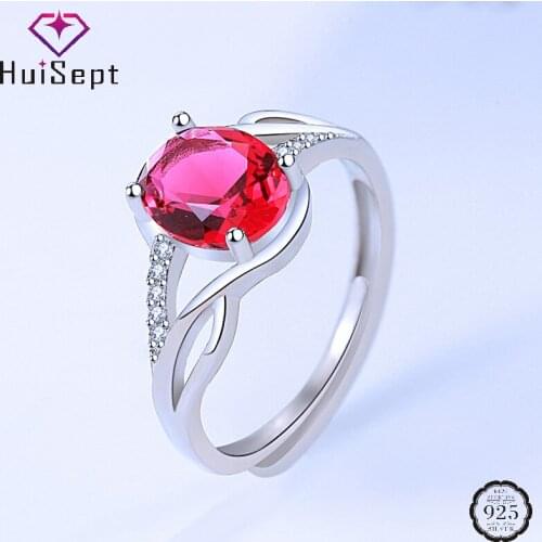 HuiSept Ring 925 Silver Jewelry Oval Shape Ruby Zircon Gemstone Open Finger Rings for Women Wedding Engagement Party Accessories