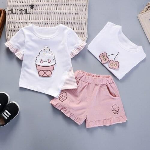 Baby Girls Clothing Sets Summer Newborn Infant Clothes Casual Short Sleeve Cotton Ice-cream Top Pants 2 Pcs Princess Kids Set