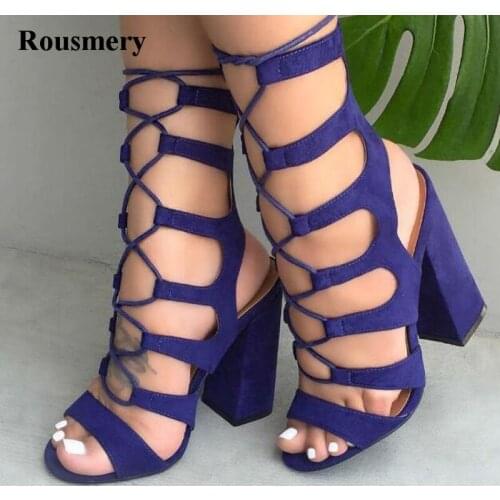 New Fashion Women Open Toe Suede Leather Lace-up Thick Heel Gladiator Sandals Cut-out High Heel Sandals Dress Shoes