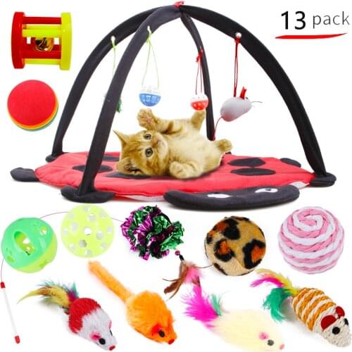 Cat Toys Cat Tent with 12 Toys Set Portable Funny Interactivity Pets Play Bed Cat Play Mat Blanket House Foldable Kitten Tents