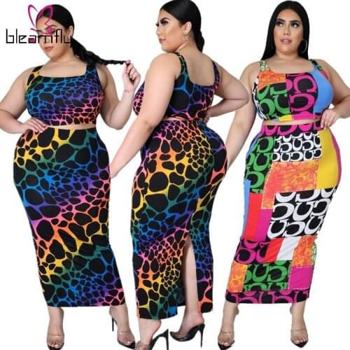 Sexy Plus Size XL~5XL Two Piece Set Leopard Print Women Long Bodycon Skirt And Crop Tops Summer 2 Piece Sets Womens Outfits