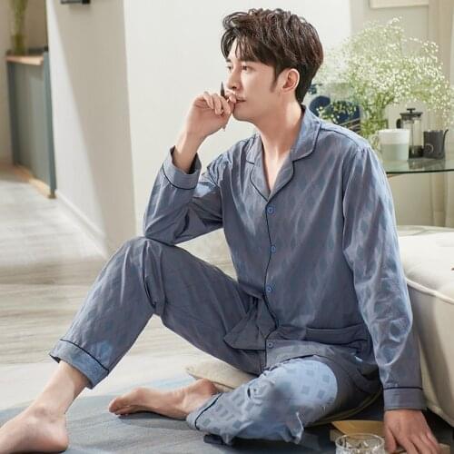 Mens Rhombus Plaid Pajamas For Men Nightwear Long Sleeve Sleep Tops Trousers Cotton Pyjamas Male Sleepwear Set Pijamas Hombre