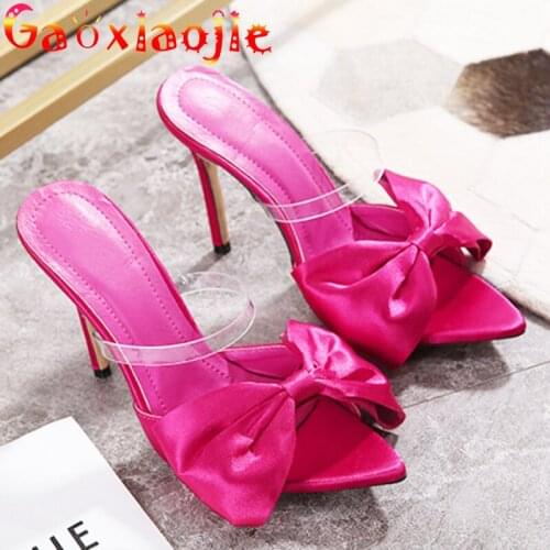 Gaoxiaojie 2021 New Slippers Women High Heels Summer Pointed Butterfly-knot Sandals Fashion Open Toe Stiletto Slides Women Shoes