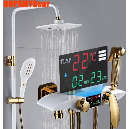 LED Digital Shower System Bathroom Hot Cold Mixer Smart Thermostatic Shower Set Round Head SPA Rainfall Bath Faucet White Grifos