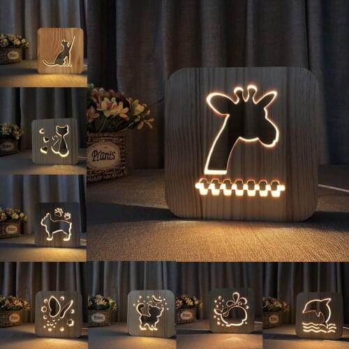 Acecorner LED USB Night Light Wooden Cat Dog Giraffe Head Animal Lamp Novelty Kid Bedroom 3D Decoration Table Lights Child Gift