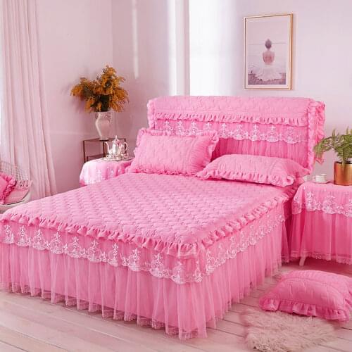 Thicken Quilted Bedding Bed sheet Pillowcases Cotton Korean Pink Warm Soft Bed skirt Bedspread Lace Princess Mattress Cover