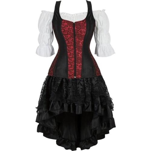 Corset Dress Skirt Top 3piece Set Irregular Bustiers Corsets Women Sexy Vintage Plus Size Masquerade Costume Gown Halloween Red