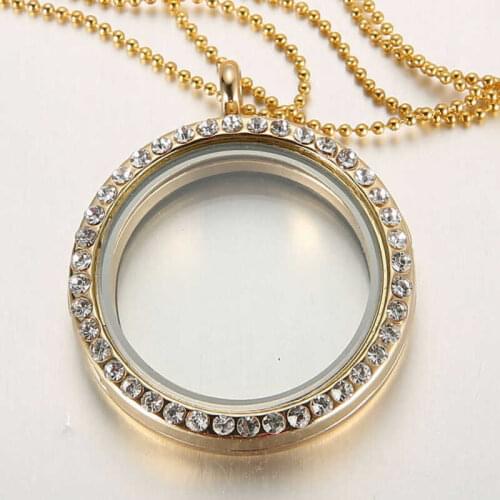 Round Locket Pendant Crystal Glass Long Chain Necklace Women Wedding Party Jewelly Gift