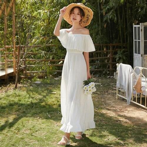 ZEBEEN One-shoulder Long Dress for Women 2021 Summer Boho Slash Neck Thin A-LINE Swing Backless Fashion Casual Dresses