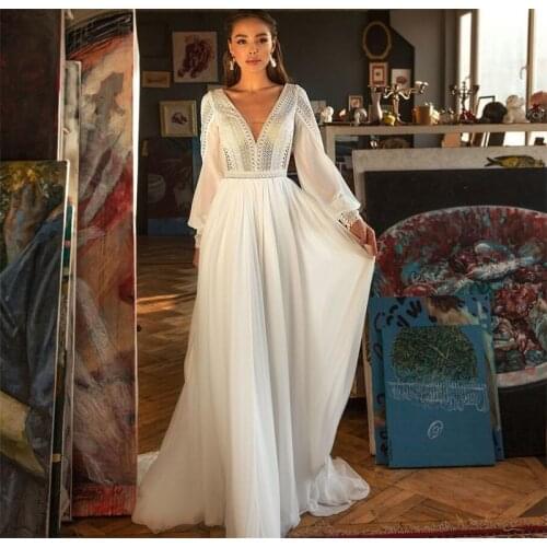 #9915 Bohemian Wedding Dresses Puff Sleeve Lace V Neck Bridal Gown 2021 Backless Vestido De Novia Wedding Party Gown Custom Made