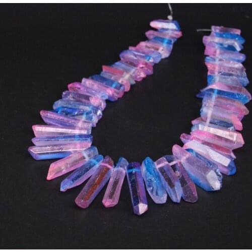 15.5"strand Blue&Pink Titanium Crystal Quartz Top Drilled Point Bead,Mixed Color Raw Crystal Stick Pendant Beads Jewelry Making