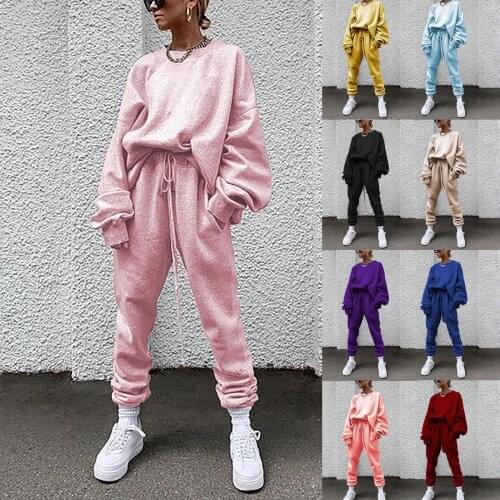 2pc Women Fitness Suit Leisure Solid Color Homewear Set Pajamas Long Sleeve Round Neck Sweatshirt Pants Athletic Sports Clothes