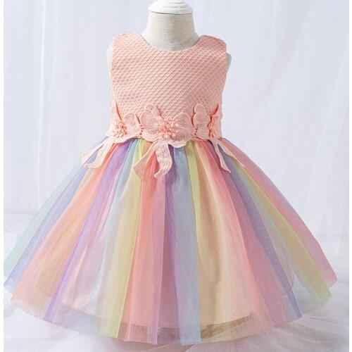 2021 Newborn Rainbow Lace Infant 1st Birthday Dress For Baby Girl Clothes Applique Dress Princess Dresses Party Clothing Clothes