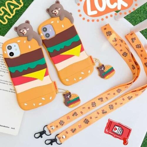 3D Cute Cartoon Hamburger Bear Case for iPhone 11 Pro Max XR X XS Max 7 8 Soft Silicone Lanyard Hanging Rope Cover with Pendant