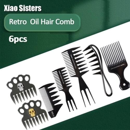 6PCS Retro Mens Vintage Oil Hair Comb Wide Tooth Fork Comb Back Hair Comb Beard Oil Comb Styling Tools Skull Logo Salon Supplie