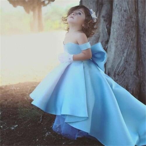 Sky Blue Satin Flower Girl Dresses For Weddings Ball Gown Bow Decoration Girl First Holy Communion Dresses For Little Girls