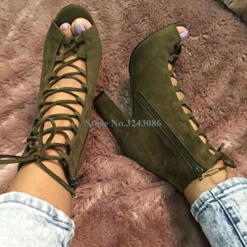 Cross Tie Peep Toe Chunck Heel Sandals Boots Army Green Earthy Yellow Faux Suede High Heel Boots Summer Casual women Ankle Boots