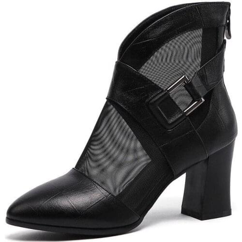 Sandals Women Summer New Pattern Leather Mesh Gauze Baotou High-heeled Sandals Thick Heel Pointed Hollow Mesh Boots Large Size