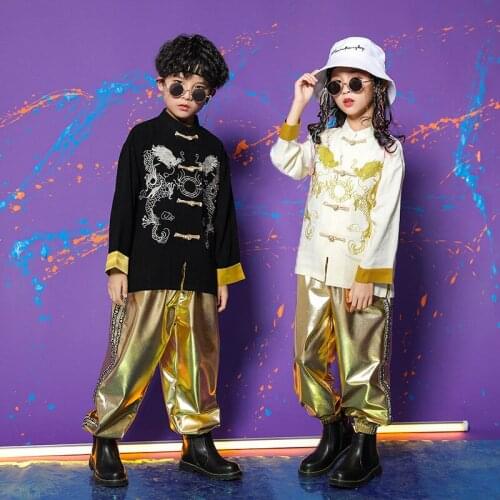 Kids Sets Chinese Dragon Embroidery Long Sleeve Casual Shirt Pant Boy Girl Streetwear Jazz Hip Hop Stage Dance Clothing