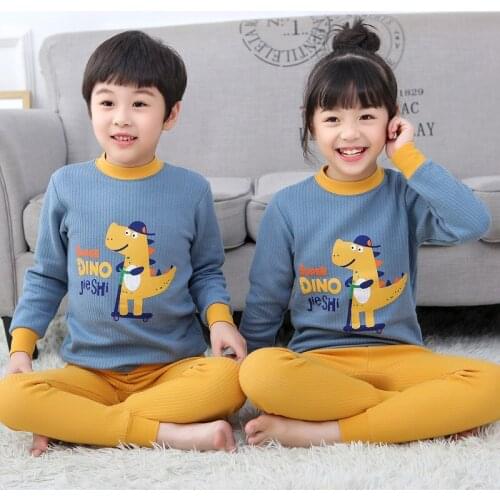 Childrens pajamas kids thermal underwear set baby pajamas cotton padded warm dinosaur cat pyjamas for boys girls sleepwear suit
