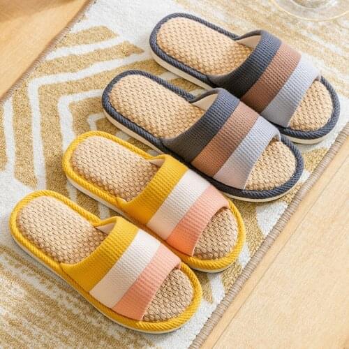 Women Stripe Cotton Linen Shoes Household Slippers Indoor Floor Shoes Summer Womens Mute Slippers Sandals Couple Slippers