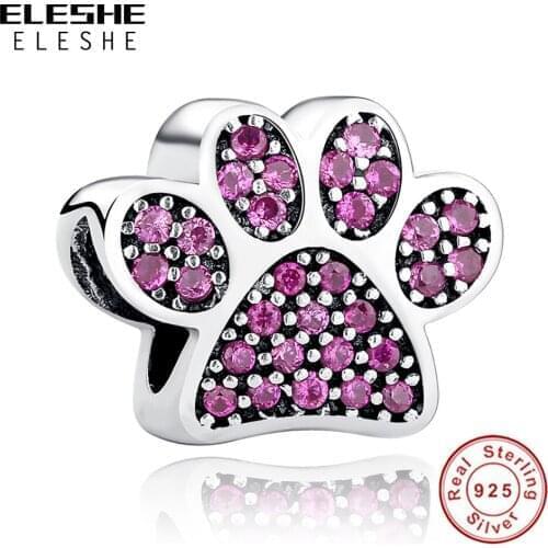 ELESHE Wholesale 100% 925 Sterling Silver With Crystal CZ Bead Dog Paw Cute Charm fit Original Bracelets for Women