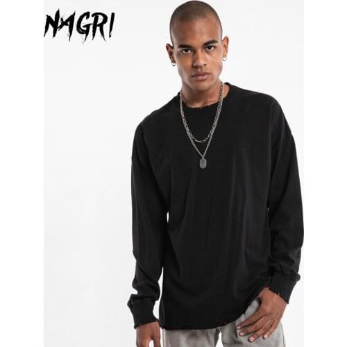 NAGRI Solid Color Ripped Hole Printed T Shirts Mens Streetwear Casual Basic Long Sleeve Top Tees Black White Loose Men Tshirts