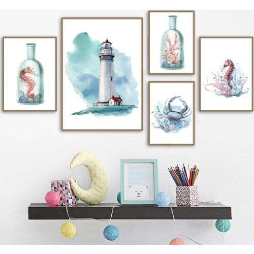Nordic Style Canvas Prints Beacon Marine Animals Painting Home Decor Wall Art Modular Pictures Watercolor Poster For Kids Room