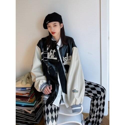 Autumn retro tide brand men and women PU leather stitching flight jacket ins casual embroidery baseball uniform oversized jacket