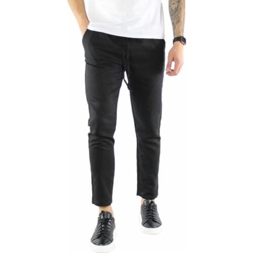 Mens trousers black linen baggy Capri summer elastic Slim Fit Pantalaccio comfortable lightweight