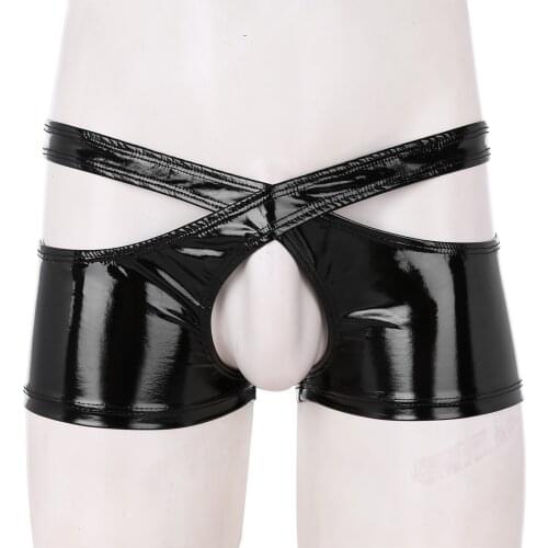 Mens Crotchless Panties Wetlook Faux Leather Hot Erotic Sexy Open Crotch Two Symmetrical Halves Boxer Briefs Latex Underwear Set