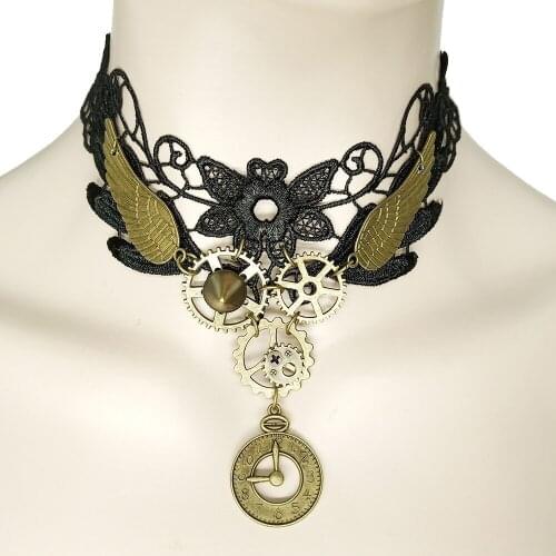 New Design Floral Lace with Wings and Gears Vintage Steampunk Choker Necklace Earring Set