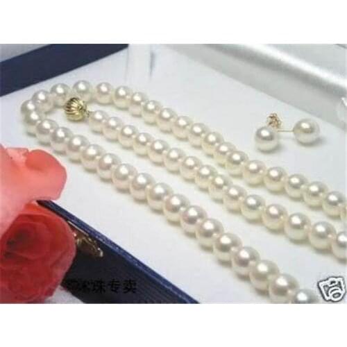 6-7MM White Akoya Cultured Pearl Necklace+ Earring Set AA ^^^@^Noble style Natural Fine jewe FREE SHIPPING