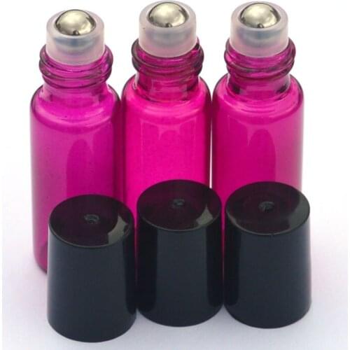Rose 5ml Empty Perfume Sample Roll on Glass Vial Essential Oil Refillable Roller Bottles with black Plastic Jar 3pcs