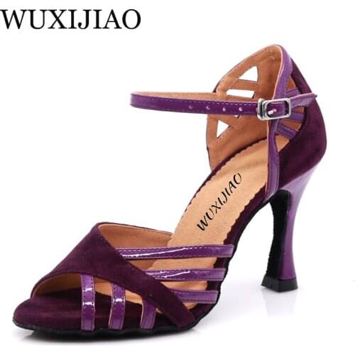 WUXIJIAO Dance Shoes Latin Woman PU+ suede Salsa Dancing Shoes Glitter Professional Dance Shoes Ballroom Soft shoes