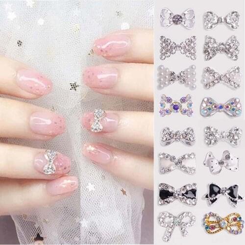 5Pcs 3D Bow Glitter Nail Rhinestones Crystal Glass Stone Charm Imitation Pearl Bowknots Jewelry DIY UV Gel Manicure Decorations