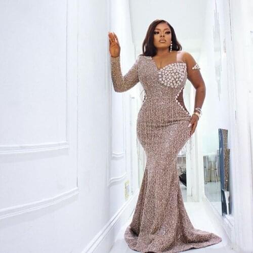 Gorgeous Bead Mermaid Evening Dresses Sheer One Long Sleeve Cutaway Prom Party Gown Sequine Flower Wear