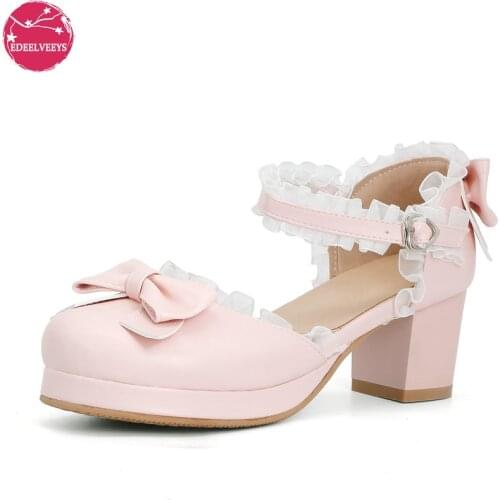Japanese Harajuku Princess Lace Edge Lolita Sandals High Chunky Heels Sweet Round Toe Bowtie Kawaii School Girls Cosplay Shoes