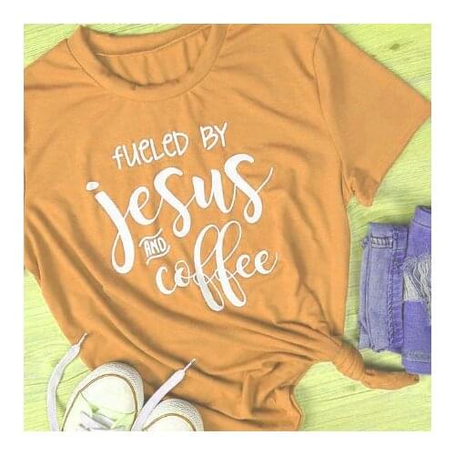 Fueled by jesus and coffee Funny Letter Printed T-Shirt Casual Aesthetic Crewneck Graphic Girl Cute Yellow Clothes Tops Tee