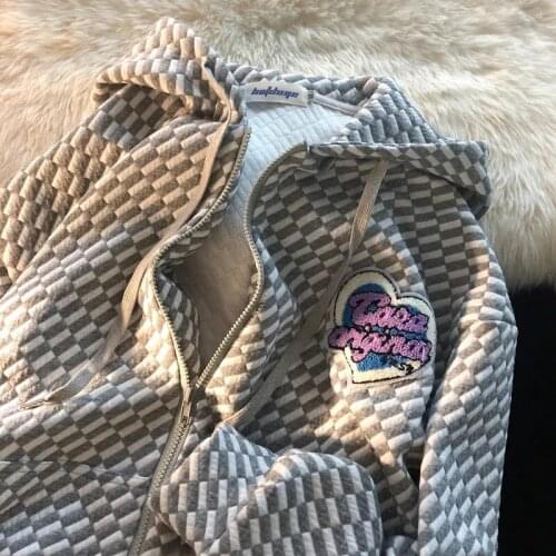 Zip up hoodie Letter embroidery printing Women 2021 Aesthetic Harajuku Hooded Sweatshirt lattice Oversized Hoodies Streetwear