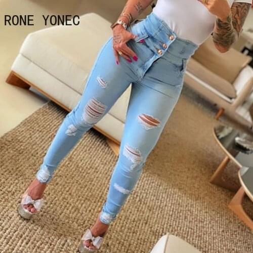 Women High Waist Button Ripped Skinny Jeans Women Jeans