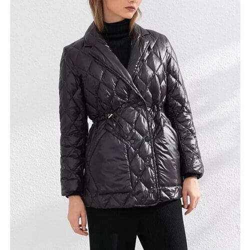 2021 Elegant White Duck Down Women Solid Double Breasted Vintage Coat Female Drawstring Ultralight Down Jacket Black Overcoats