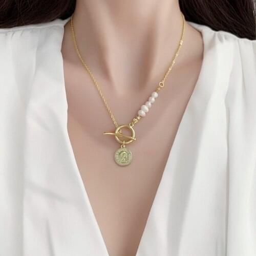 Natural Freshwater Pearl Necklaces for Women Gold Color Coin Pendant Chains Choker Collares Korean Fashion Kpop Jewelry MS370