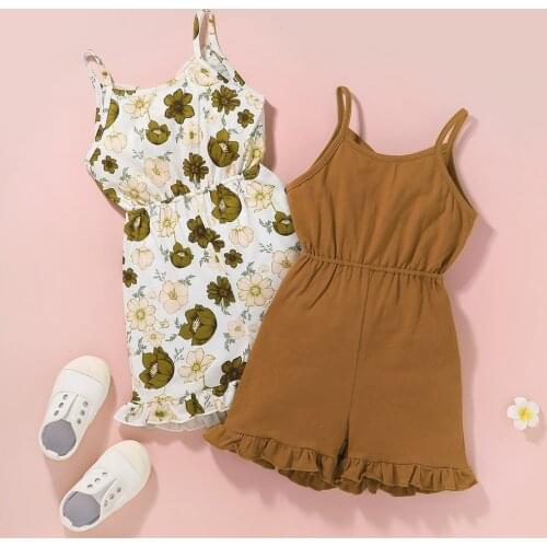 18M-6 Years Baby Girls Sleeveless Summer Hollow Out Romper Toddler O-Neck Floral Print/Solid Color Elastic Waist Jumpsuit