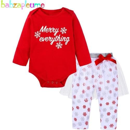 2Piece Spring Fall Baby Girls Christmas Outfit Red Long Sleeve Stripe Cotton Bodysuit+Lace Print Pants Newborn Clothes Set 1969