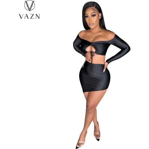 VAZN 2021 Early Autumn Black Open Beach Strapless Full Sleeve Bandage Top Mini Skirts High Waist Slim Women 2 Piece Set
