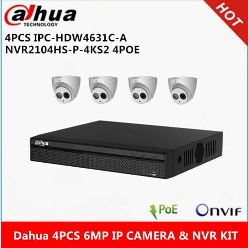 Dahua 4 pcs IPC-HDW4631C-A built-in Mic 6MP IP Camera & NVR2104HS-P-4KS2 4ch with 4 poe ports CCTV Camera System support p2p