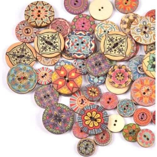 50pcs Flower Pattern Wooden Buttons 2 Holes 15/20/25mm Mixed for DIY Scrapbooking Decorative Clothing Craft Sewing Tools