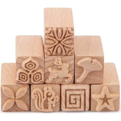 8PCS Wood Pottery Tools Stamps Square Wooden Stamps Natural Wood Stamps with Mixed Patterns for Clay Birthday Gift