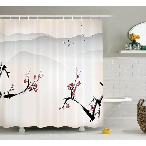Asian Shower Curtain Japanese Nature Landscape with National Sakura Flower Over Himalayas and Flying Gulls Bath Curtains